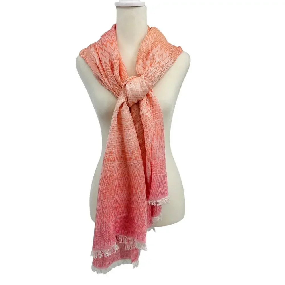 Calvin Klein Scarf Coral Chevron Lightweight Fringe Wrap Shawl Boho Coastal Chic